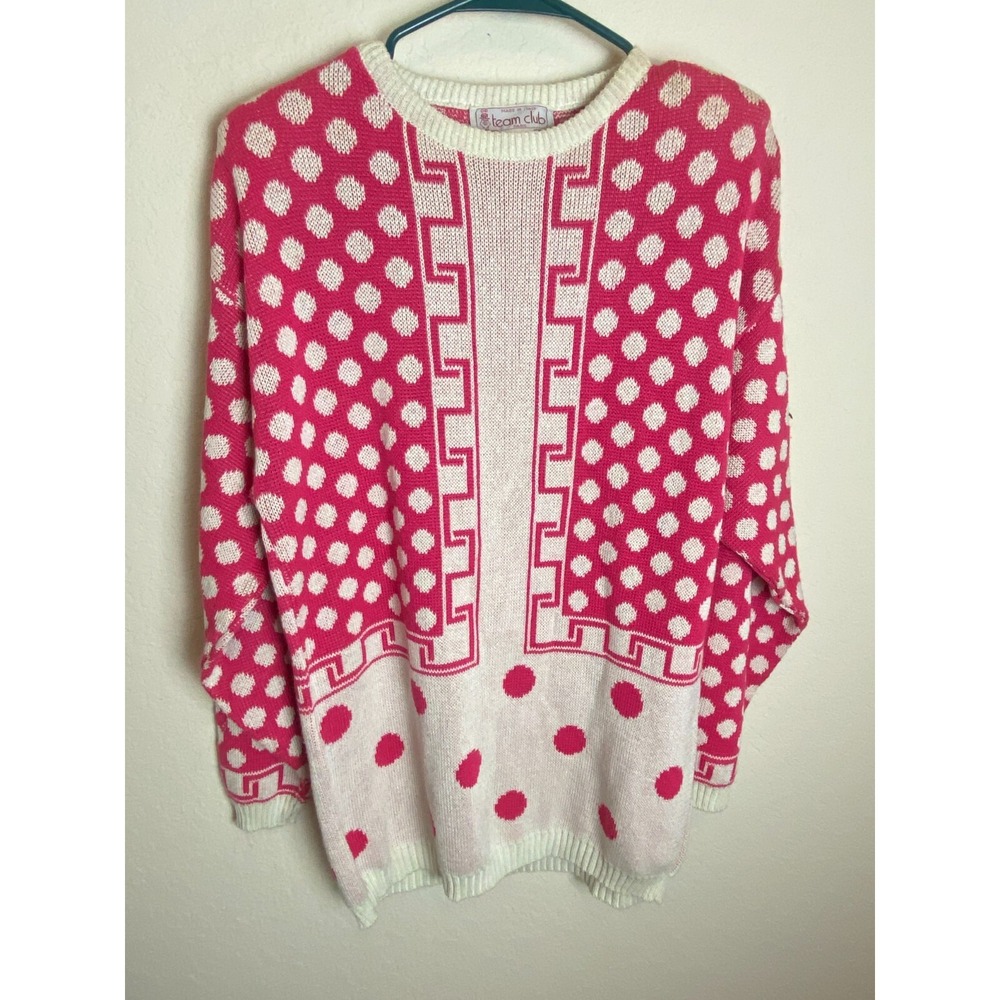 Team Club Paris Womens Knitted Sweater Pink White Polka Dot Size S Pullover